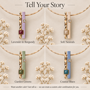 Custom color geometric necklace options in Lavender Burgundy Soft Neutrals Garden Greens and Coastal Blues

