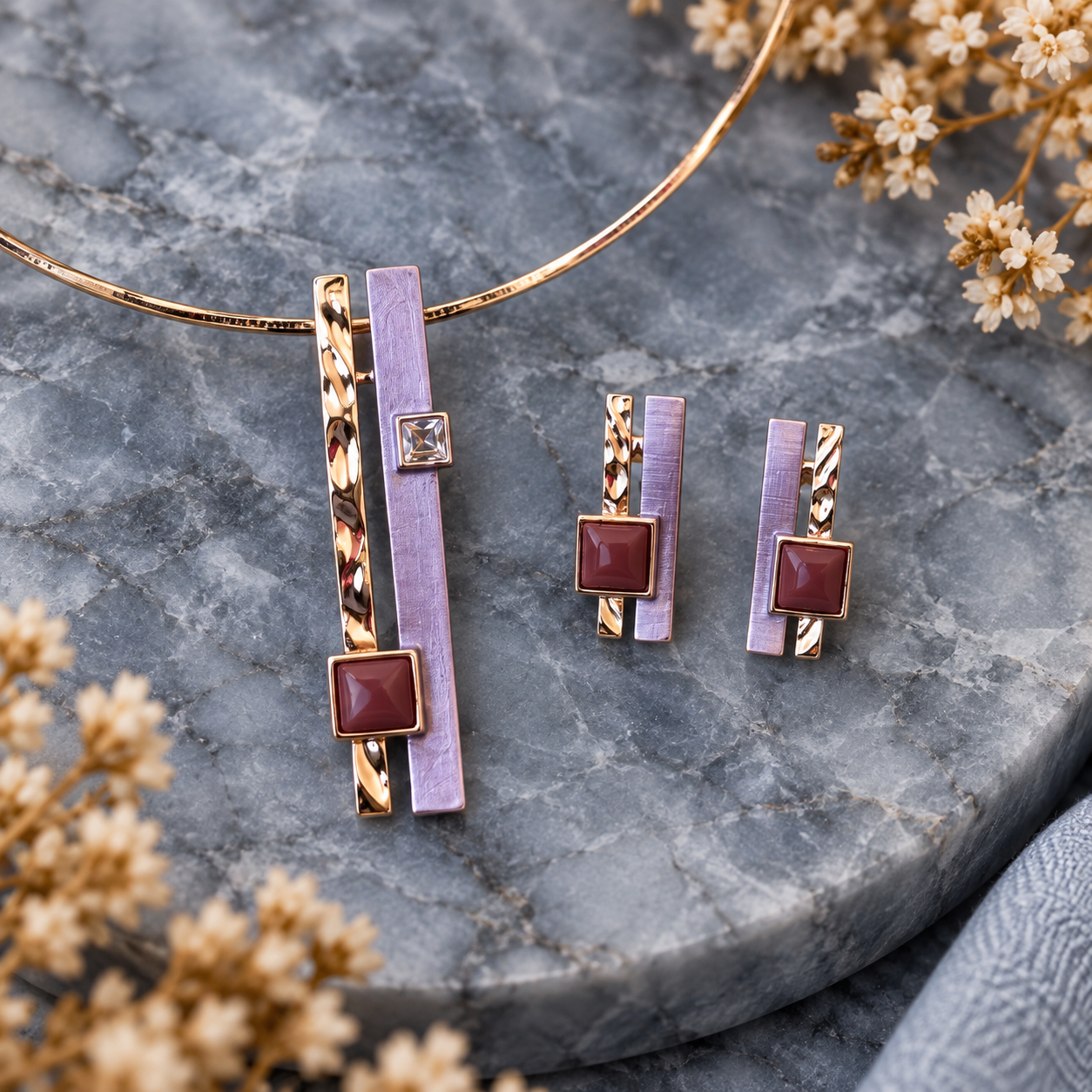 Lavender and Burgundy custom color geometric necklace and matching earrings with rose gold layered bars

