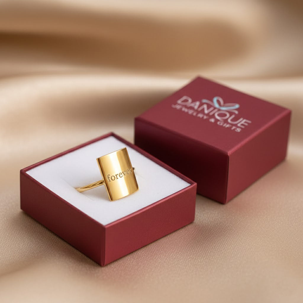 Personalized engraved rectangular ring in luxury gift box packaging, custom name jewelry ready for birthday, anniversary or Mother’s Day gift