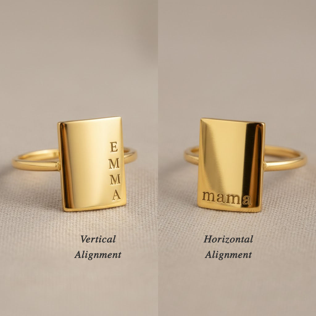 Rectangular engraved ring showing vertical and horizontal name alignment options, custom signet ring personalization choices