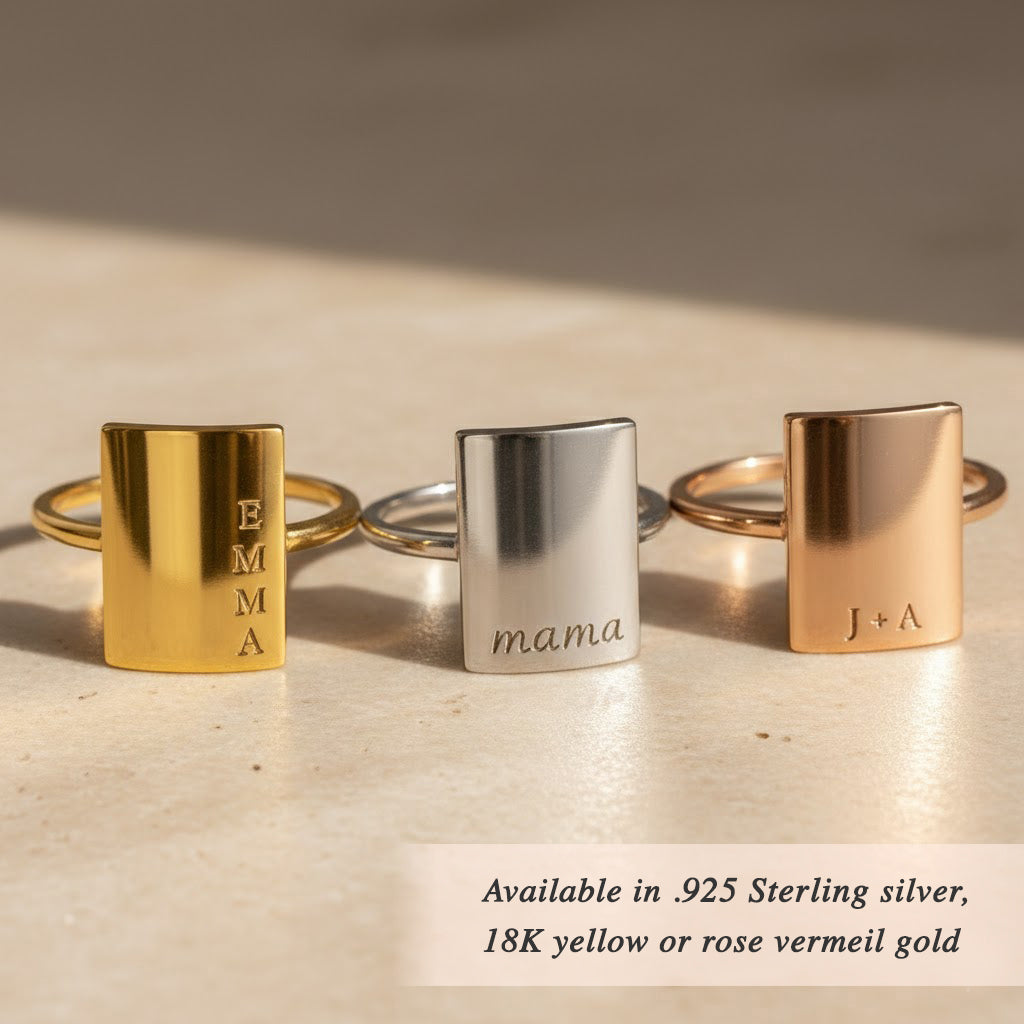 Custom engraved rectangular signet ring available in gold, sterling silver and rose gold finish, personalized name ring for women or mom gift