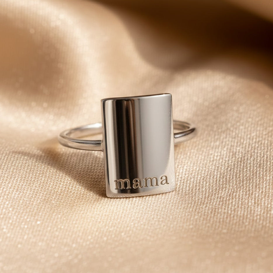 Sterling silver rectangular name ring with mama engraving, minimalist custom signet ring for mother, modern personalized jewelry