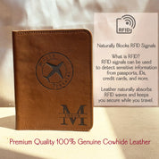RFID blocking leather passport holder crafted from 100% genuine cowhide, engraved with custom initials and travel design. This secure travel wallet naturally absorbs RFID signals, protecting sensitive information from passports, IDs, and credit cards while traveling. Premium personalized leather cover available in multiple colors, perfect for frequent flyers and world travelers. A thoughtful graduation, anniversary, or retirement travel gift that combines security, durability, and elegant personalization.