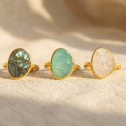 Minimalist gold ring with natural moonstone , labradorite, aqua chalcedony gemstone unique shape