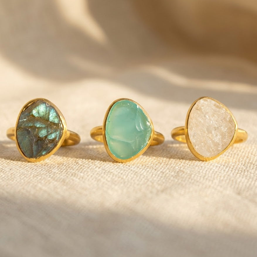 Minimalist gold ring with natural moonstone , labradorite, aqua chalcedony gemstone unique shape