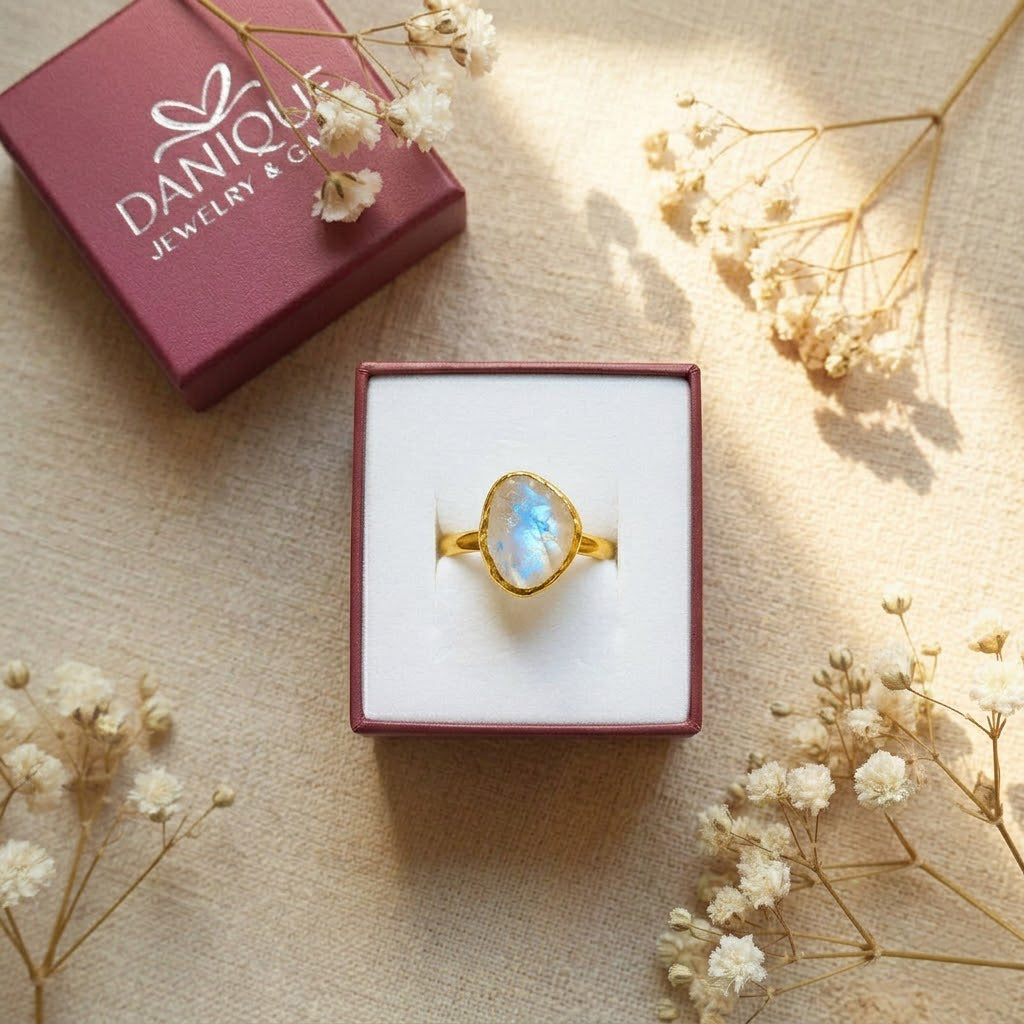 Gift ready moonstone ring in gold box natural gemstone jewelry