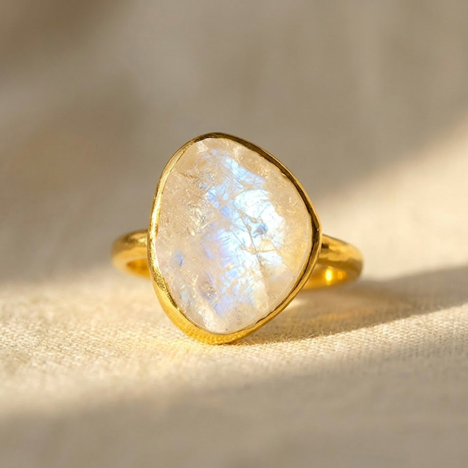 Rough moonstone ring in gold bezel setting organic shape minimalist gemstone ring
