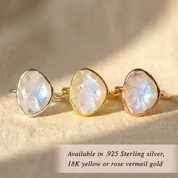 Gold moonstone ring with luminous iridescent stone minimalist design