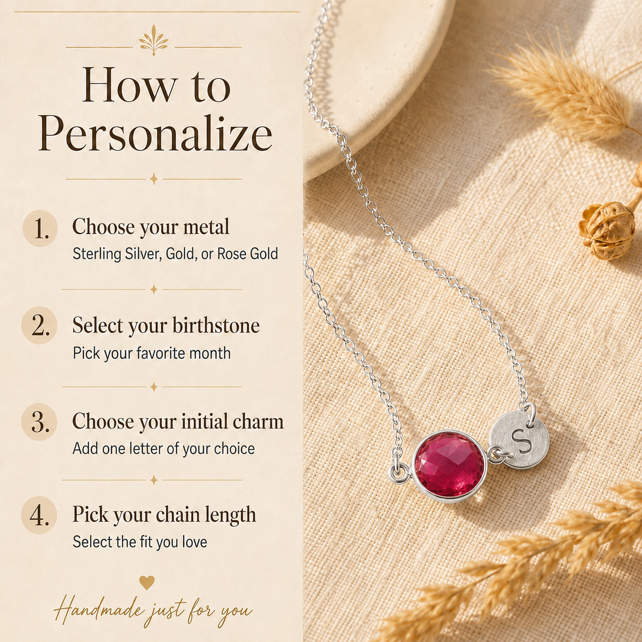 How to personalize a necklace by choosing metal, birthstone, initial charm, and length