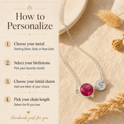 How to personalize a necklace by choosing metal, birthstone, initial charm, and length