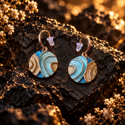 Tidal Orbit turquoise and warm metallic circular drop earrings displayed on dark textured stone

