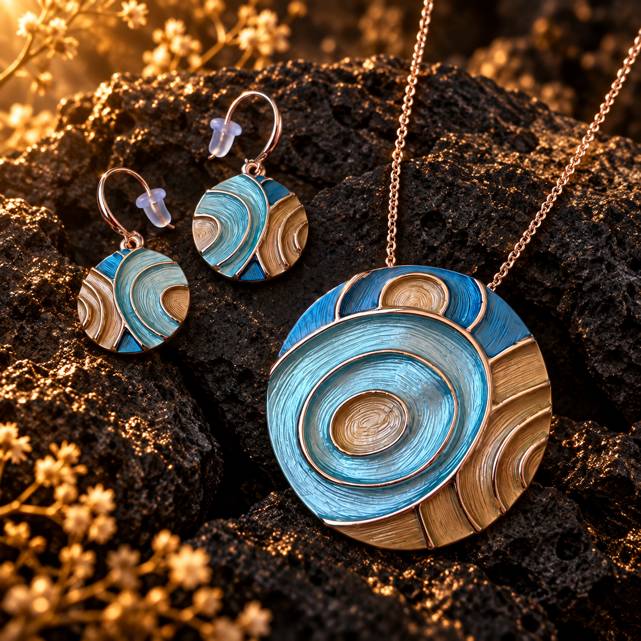Tidal Orbit sculptural necklace and matching earrings with turquoise blue pearl and warm metallic circular design on dark stone
