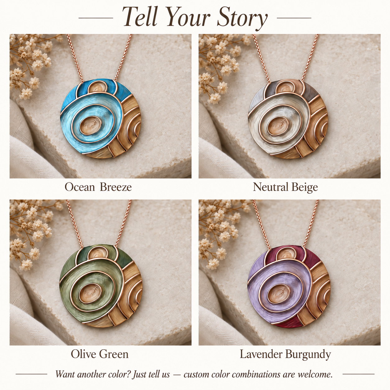 Tidal Orbit necklace color options in Ocean Breeze Neutral Beige Olive Green and Lavender Burgundy


