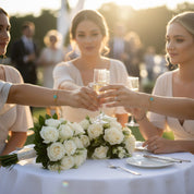 Bridesmaids celebrating outdoors wearing matching personalized birthstone initial bracelets, each featuring bezel-set round gemstones and gold script initial charms. Shown in a wedding setting with bouquets and champagne, these custom birthstone bracelets make perfect bridesmaid gifts, mother-of-the-bride gifts or keepsake jewelry for special occasions. Available in sterling silver or 18K gold vermeil, ideal for weddings, birthdays, Mother’s Day and meaningful milestone moments.