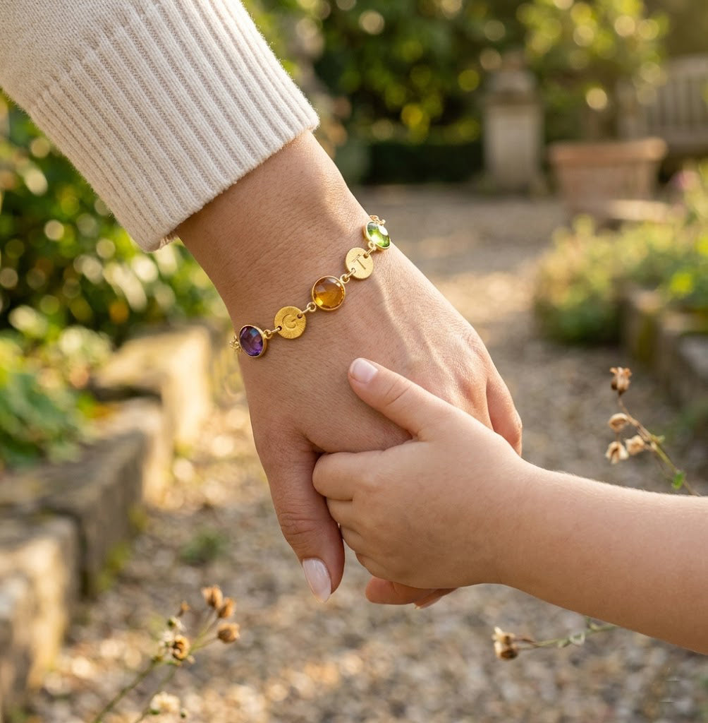 Personalized Mother's Round Birthstone & Initial Station Bracelet