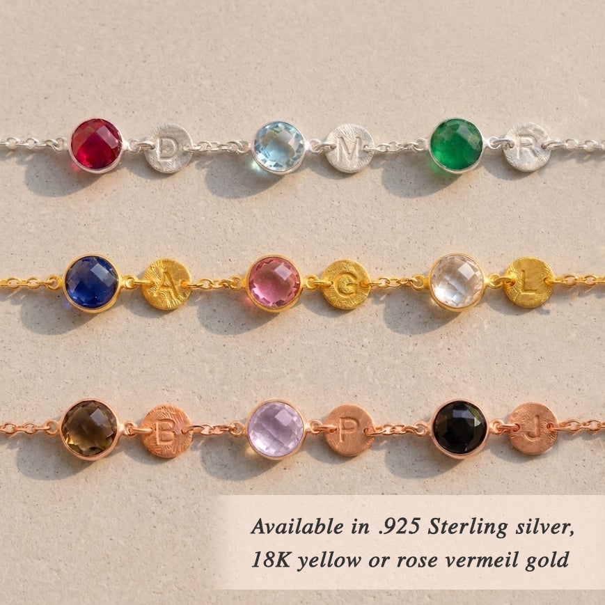 Personalized Mother's Round Birthstone & Initial Station Bracelet