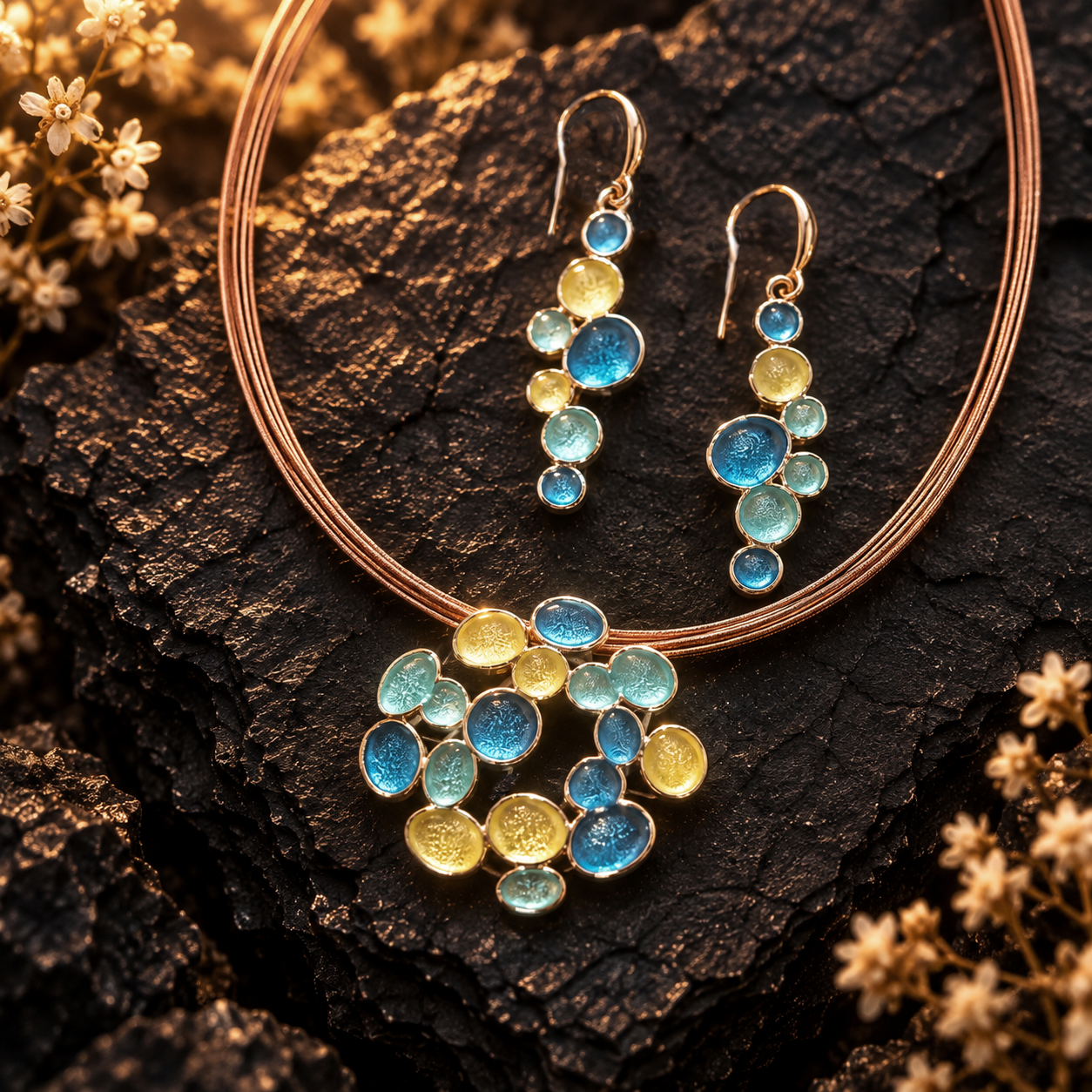 Boho bubble cluster necklace and matching drop earrings in Sea Glass Glow colors on dark stone

