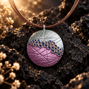 Boho bubble mosaic round pendant necklace with purple teal and silver abstract design

