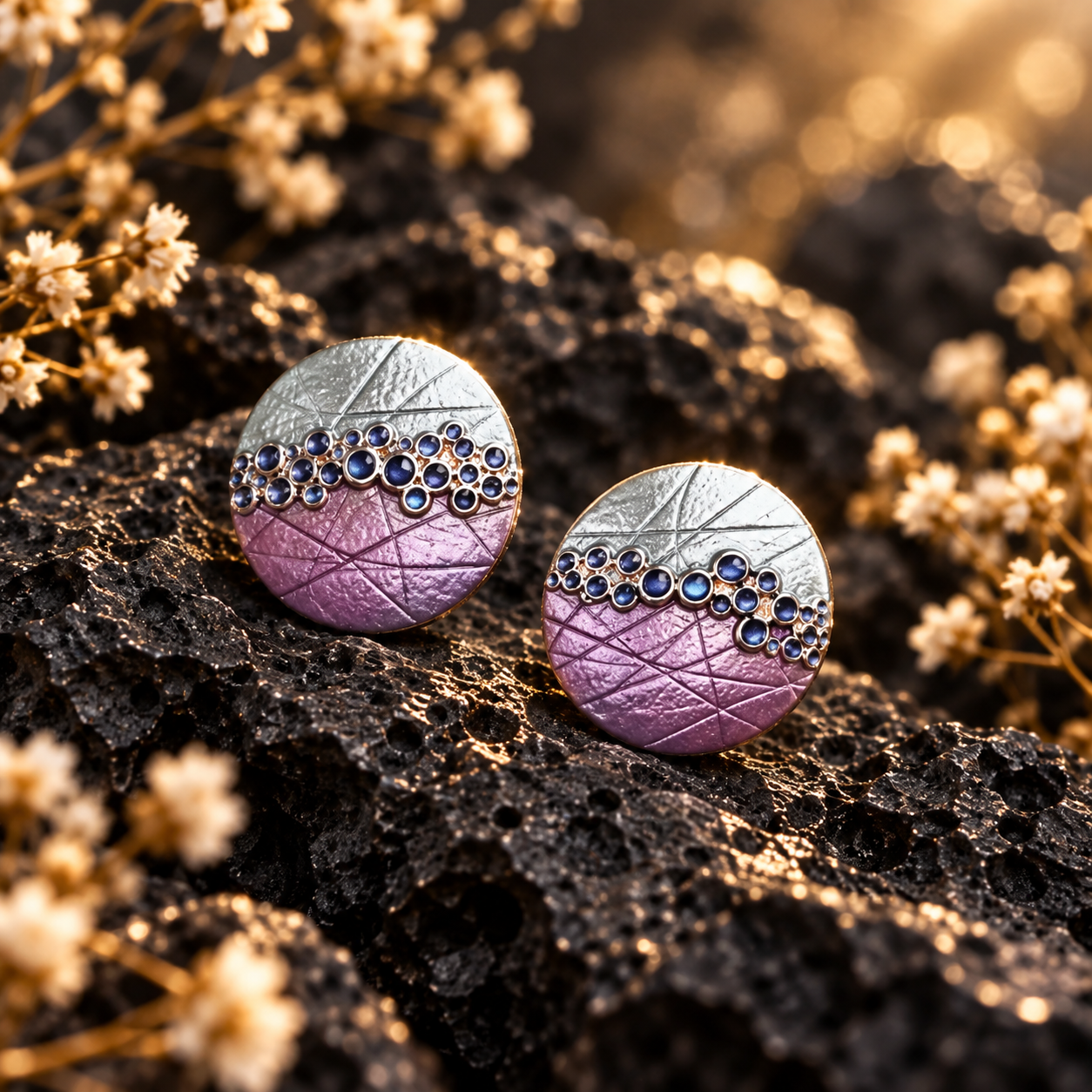 Danique Jewelry gift ready packaging Purple teal boho bubble mosaic round stud earrings with abstract geometric design