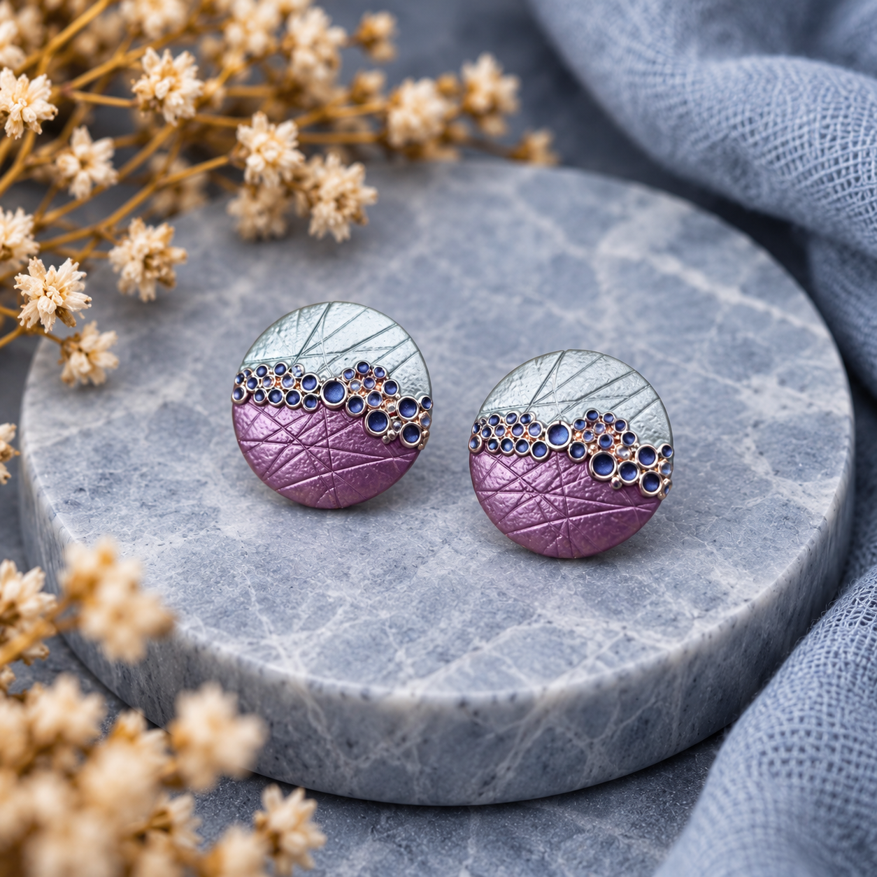 Boho Bubble Mosaic Jewelry Set, Rose Gold Statement Necklace & Earrings, Purple & Teal Custom Unique Round Circle Pendant and Earrings, Gift for Women