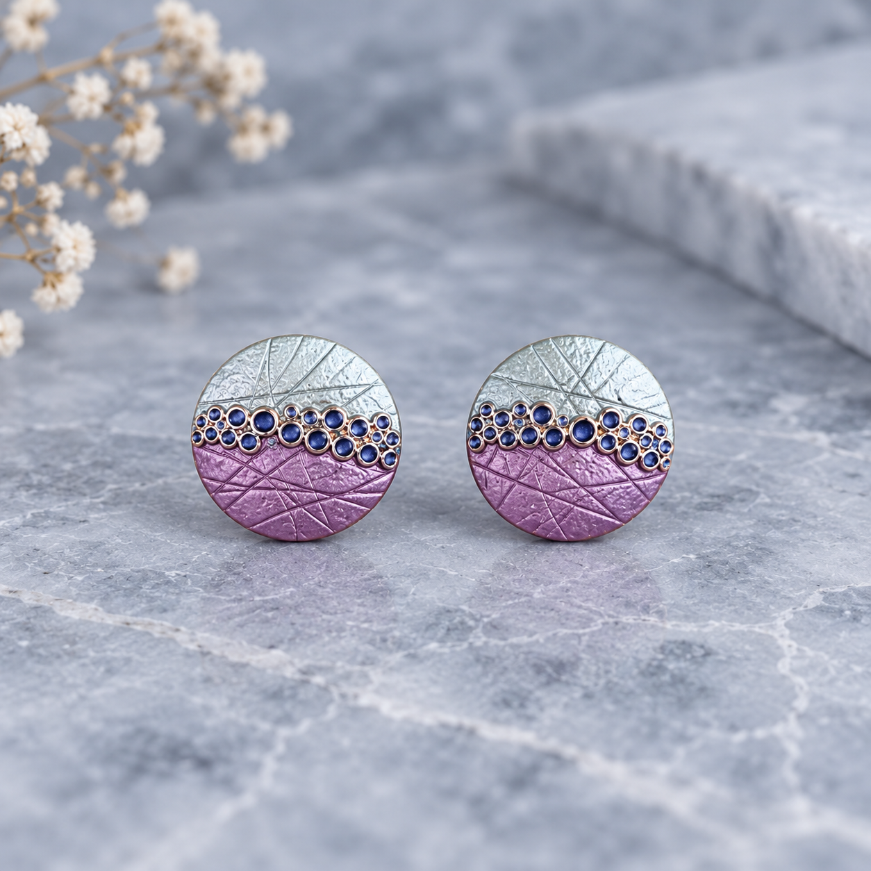 Boho Bubble Mosaic Earrings, Rose Gold Statement Post Earrings, Purple and Teal Large Circle Studs, Custom Unique Artsy Stud Earrings Gift for Her
