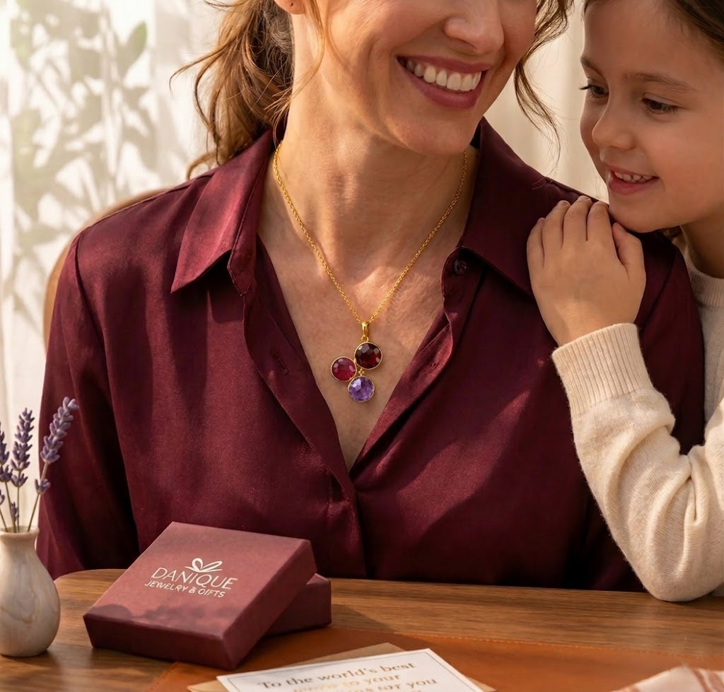 Mother wearing purple birthstone cluster necklace while sitting with child as a sentimental family gift