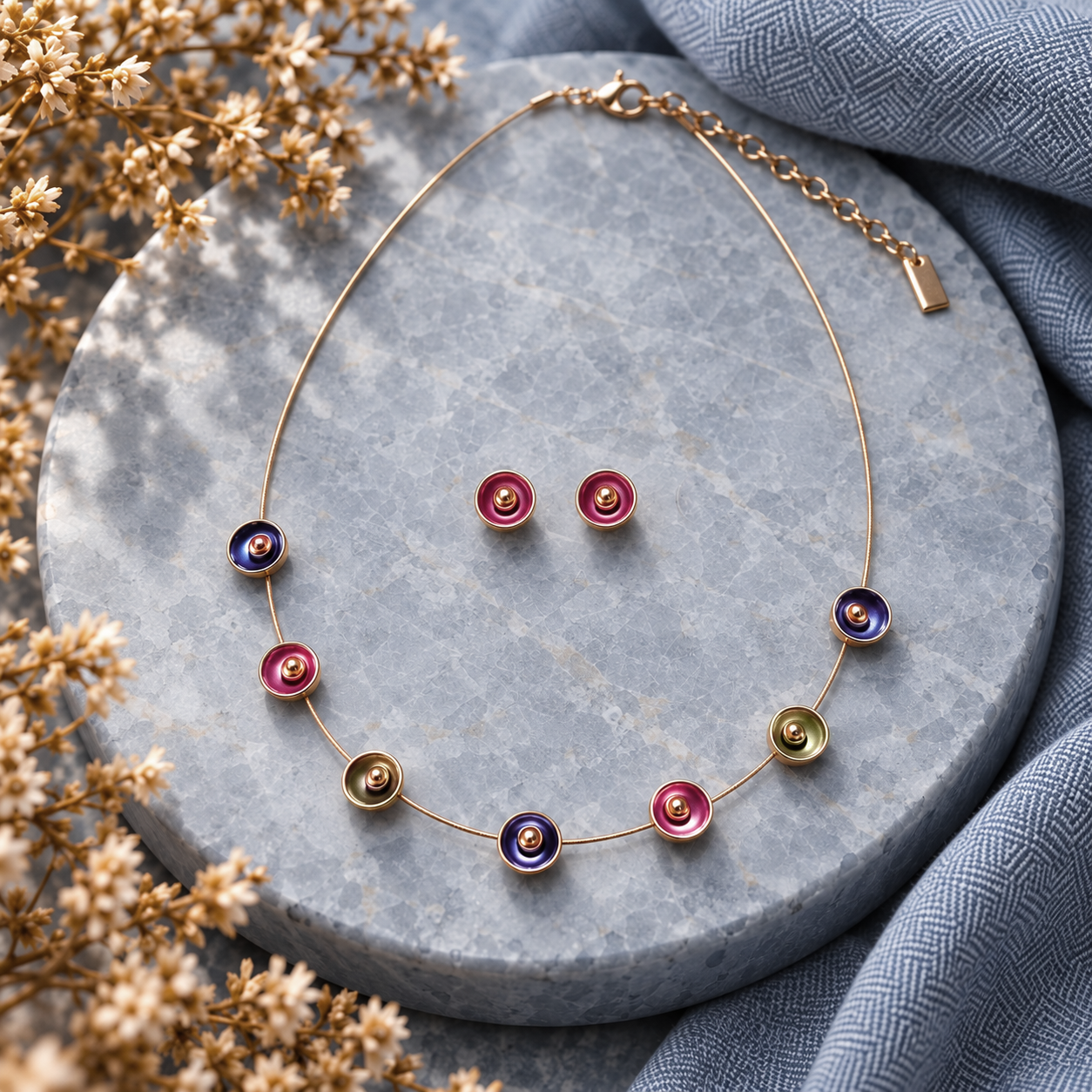 Berry Plum Color Bloom necklace and matching stud earrings displayed on gray stone
