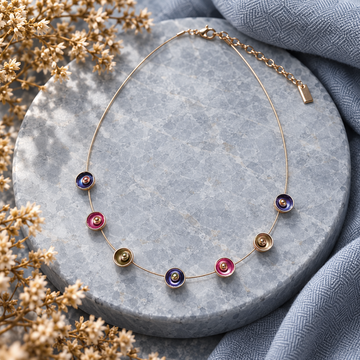 Berry Plum Color Bloom station necklace with purple pink and metallic round accents on gray stone
