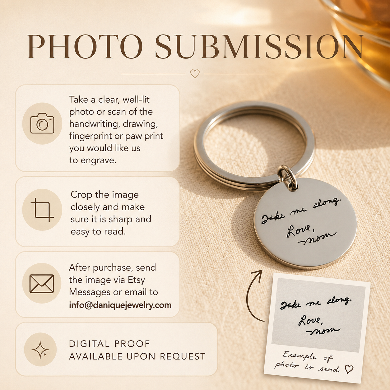 Photo submission instructions for custom handwriting, drawing, image, or photo engraved keychain.