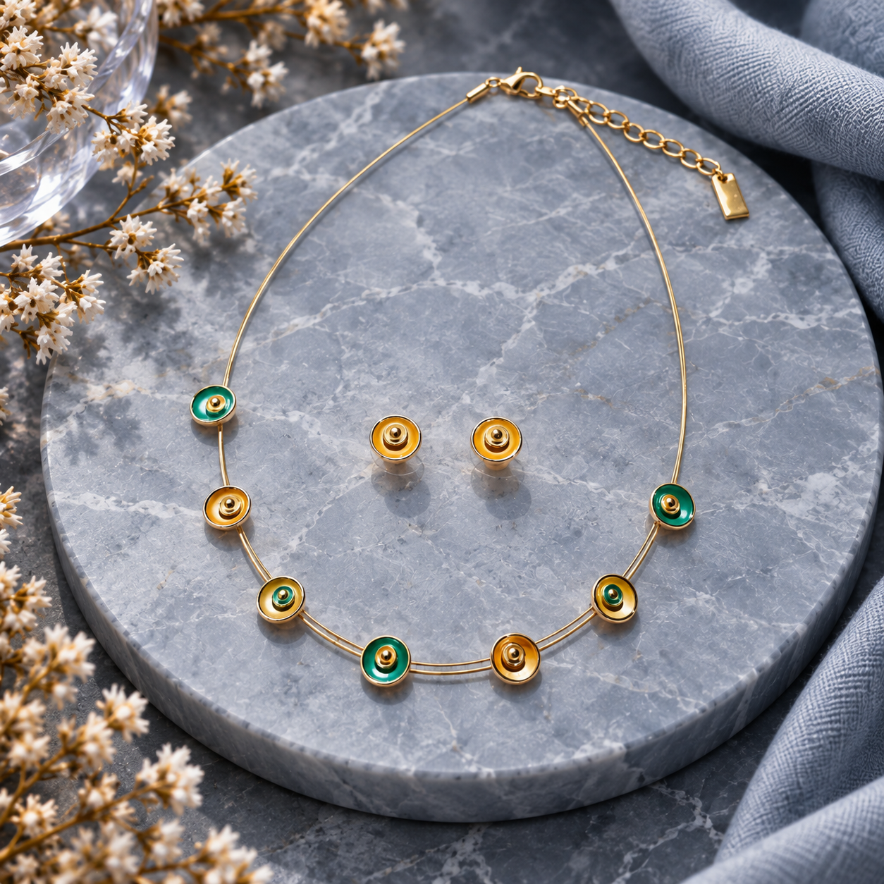 Seafoam Glow Color Bloom station necklace and matching stud earrings with green and gold round accents on gray stone
