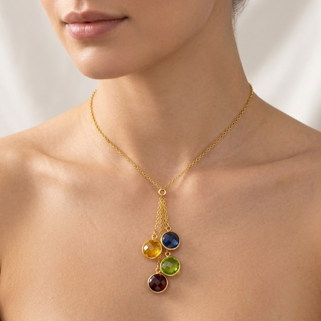 Minimalist birthstone lariat necklace on model, layered gold Y necklace with gemstones