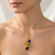Minimalist birthstone lariat necklace on model, layered gold Y necklace with gemstones