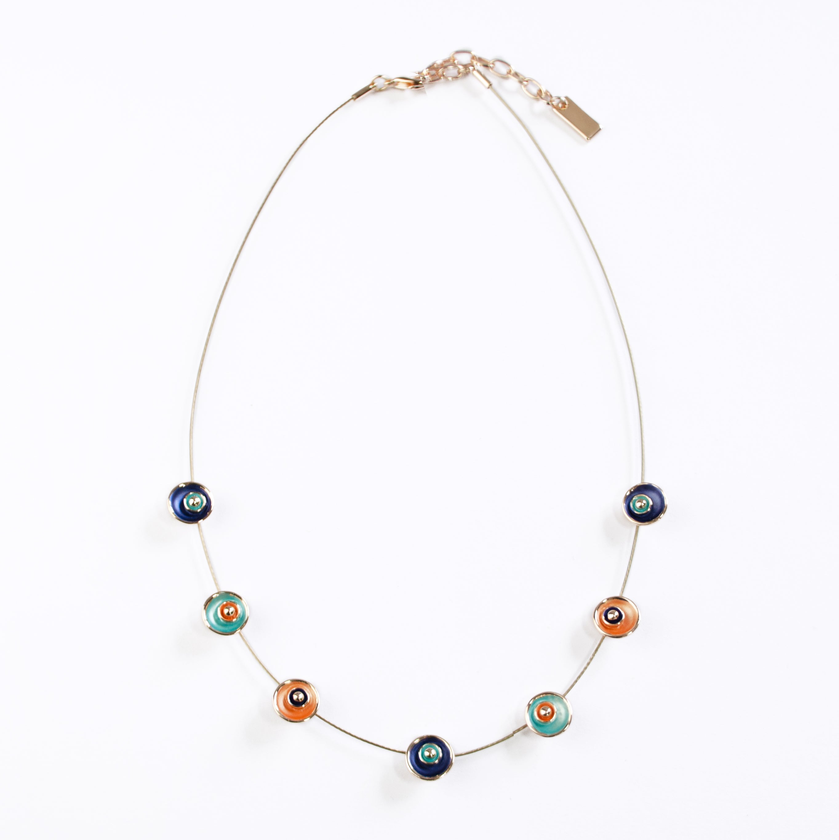 Adjustable Choker Necklace against a white background with a brown steel cable chain and seven rose gold plated circular flower charms painted in blue, teal, and orange