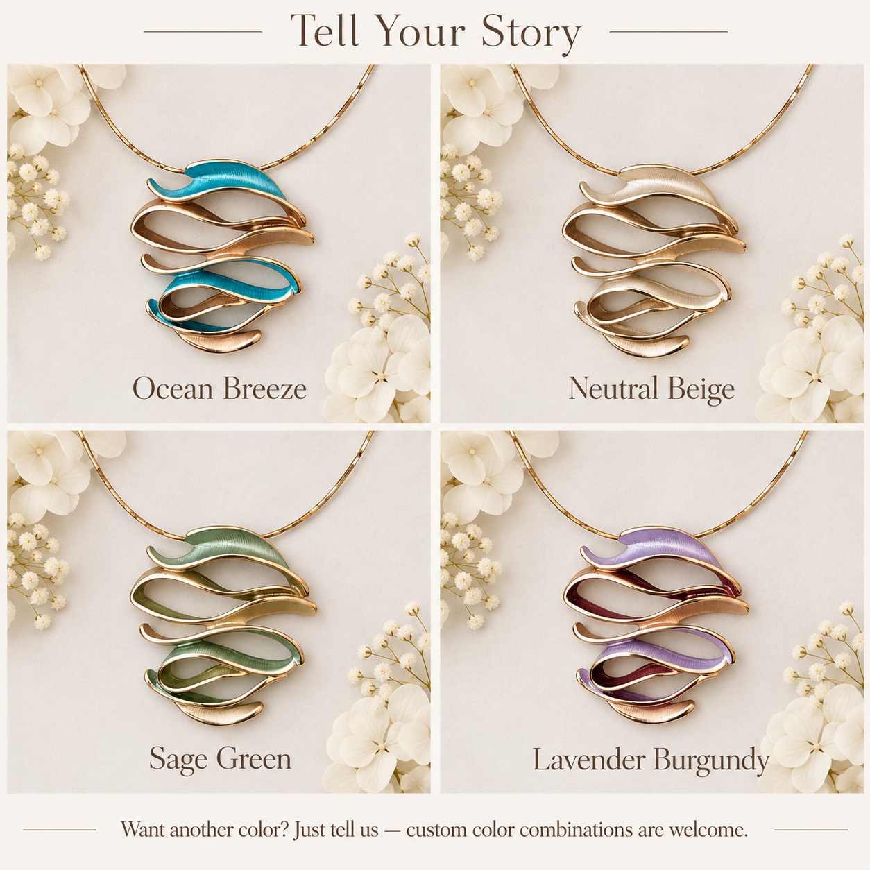 Sculptural Wave jewelry color options in Ocean Breeze Neutral Beige Sage Green and Lavender Burgundy