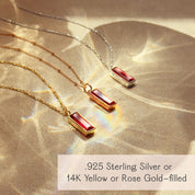 ruby birthstone bar necklace for July with personalized vertical bar pendant in rose gold filled finish, sleek minimalist design on delicate chain, perfect gift for her, engraving available for meaningful message, birthstone necklace for wife girlfriend or daughter, layering piece and everyday favorite, premium packaging and handcrafted finish.