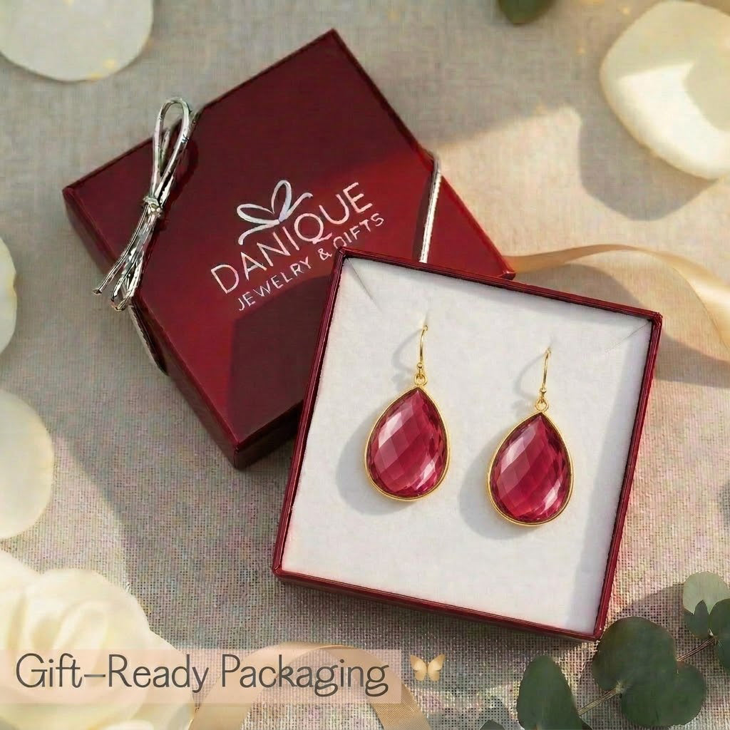 Ruby quartz earrings displayed in Danique Jewelry gift box with gift-ready packaging.