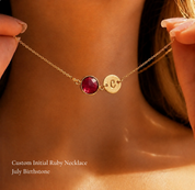 Personalized Ruby Quartz initial necklace with round faceted July birthstone and gold letter C charm