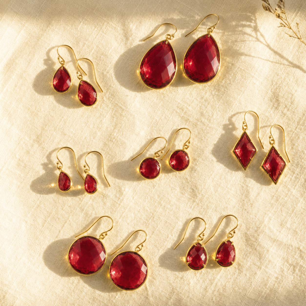 Ruby quartz earrings collection with multiple July birthstone earring styles shown on cream fabric in warm natural sunlight.