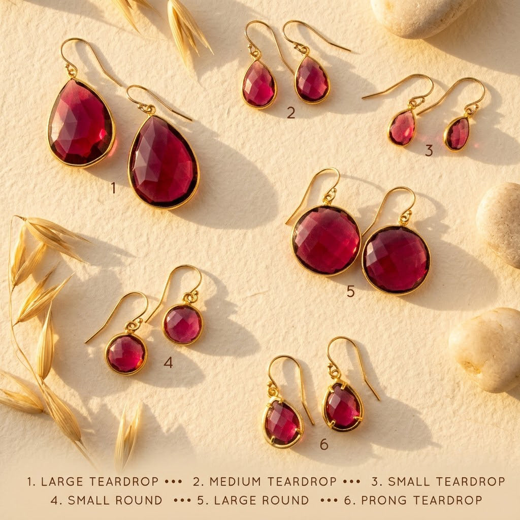 Ruby quartz earrings style chart showing large teardrop, medium teardrop, small teardrop, small round, large round, and prong teardrop options.