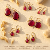 Ruby quartz earrings style chart showing large teardrop, medium teardrop, small teardrop, small round, large round, and prong teardrop options.