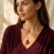 Model wearing a ruby quartz round pendant necklace with a burgundy sweater for July birthstone styling.