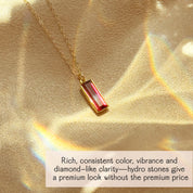 ruby vertical bar necklace set among product details showing chain length, metal options and engraving fields, personalized July birthstone pendant necklace available in sterling silver or gold filled, custom bar necklace with ruby gemstone representing July, wearable layering piece and meaningful gift exchange for women on birthdays anniversaries Mother’s Day.