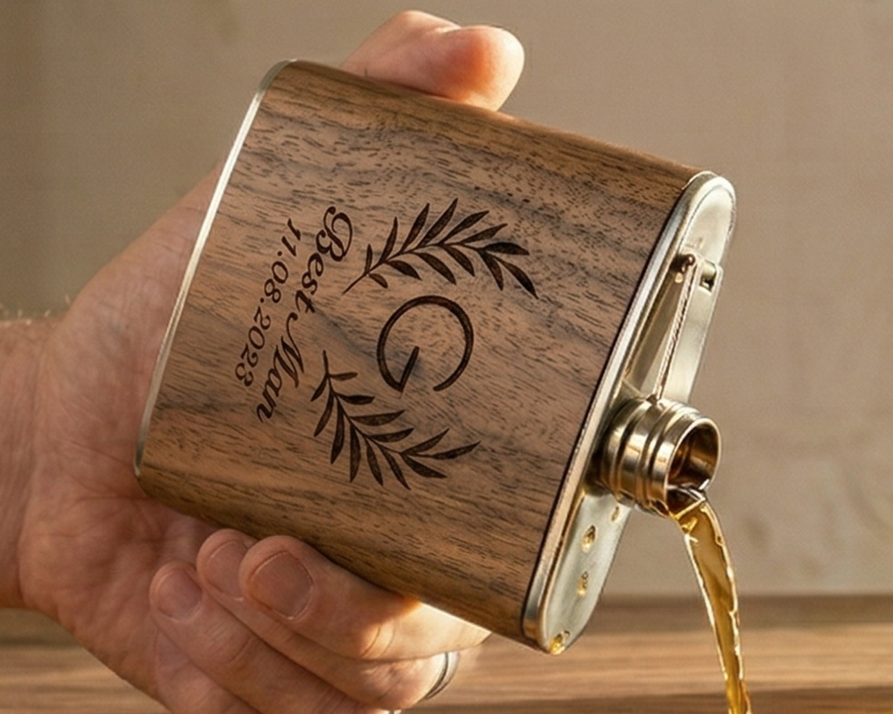 Wooden flask being poured next to three glasses with engraved text on a wooden surface.