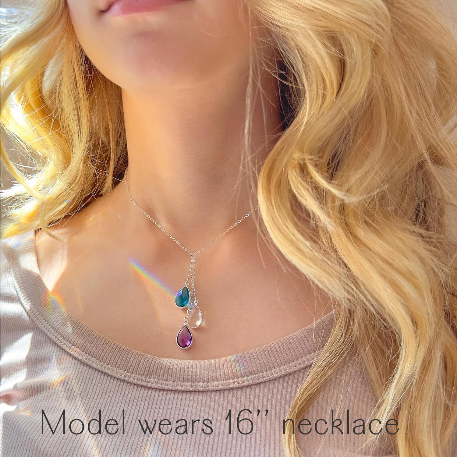 Lariat Style Teardrop Birthstone Necklace | Personalized Gift For Mom