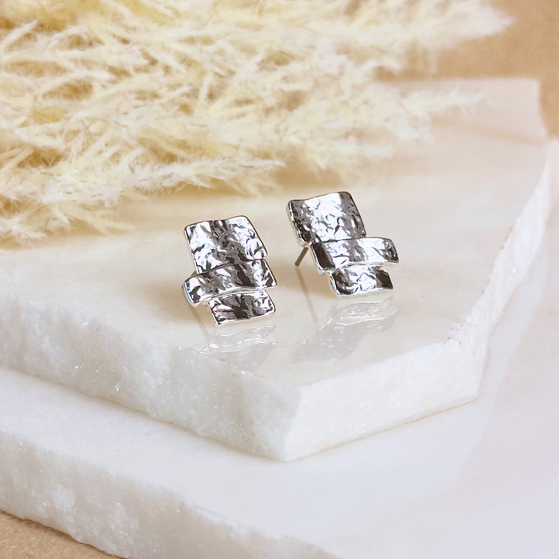 Stacked Squares Custom Stud Earrings, Boho Style Gold, Silver, Rose Gold Studs, Custom Color Multicolor Earrings, Personalized Earring Gift for Wife