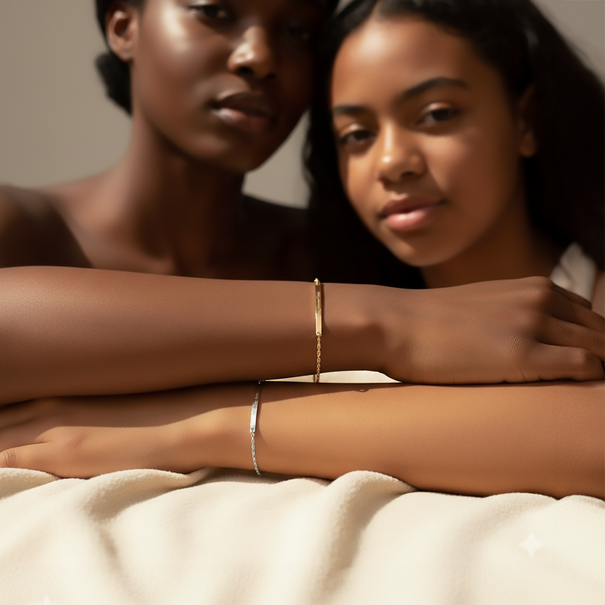 Lifestyle image of two women wearing matching engraved coordinates bar bracelets, minimalist skinny bar bracelets styled for everyday wear, personalized location jewelry symbolizing friendship or shared place, custom engraved bracelets in gold filled metal, dainty modern jewelry gift for her, anniversary or friendship bracelet idea