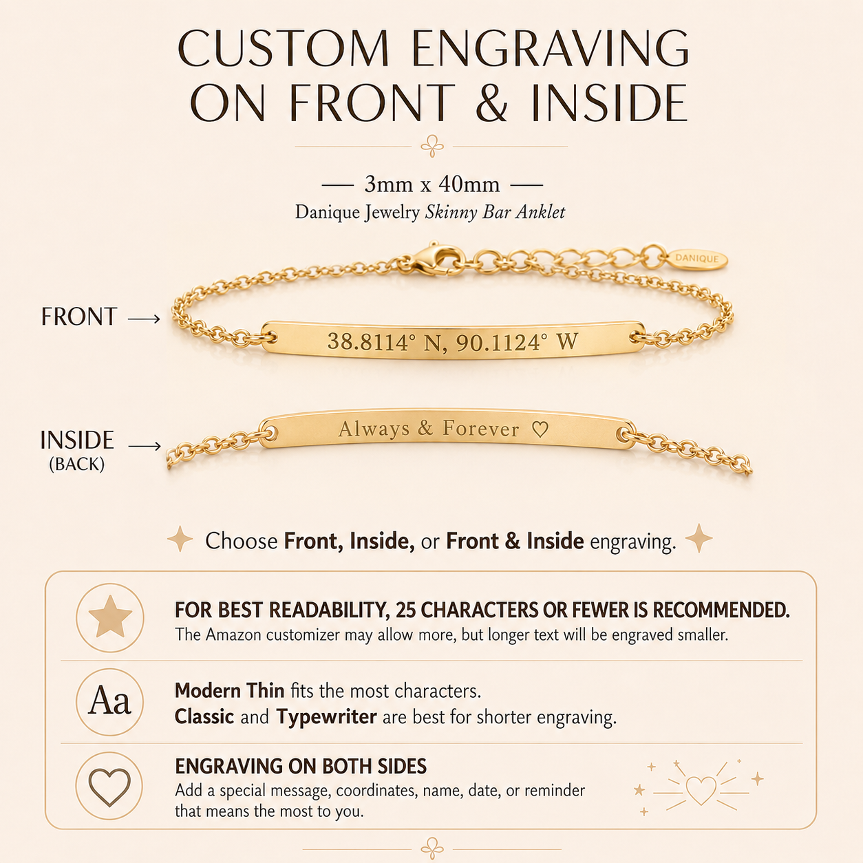 Custom skinny bar anklet engraving guide showing front, inside, and double-sided personalization.
