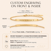 Custom skinny bar anklet engraving guide showing front, inside, and double-sided personalization.
