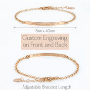 Product infographic showing skinny bar bracelet size and engraving options, custom coordinates bar bracelet guide with front and back engraving, adjustable bracelet length illustration, personalized engraved bar bracelet details, minimalist jewelry sizing reference, helpful image for ordering latitude longitude bracelet