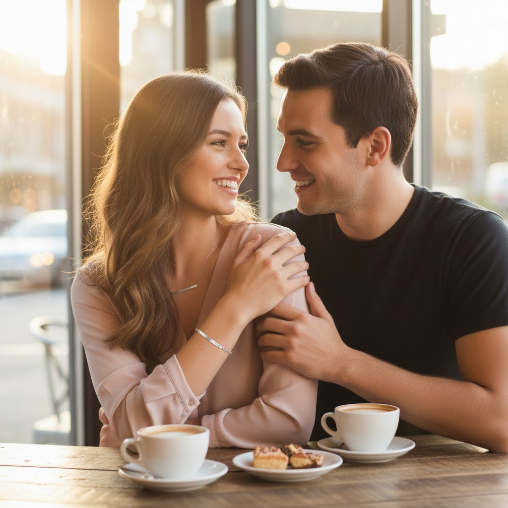 Couple wearing minimalist jewelry featuring morse code bar necklace with secret message. Personalized morse code necklace gift symbolizing love, connection, and shared meaning, ideal for girlfriend, wife, or anniversary jewelry with subtle modern design.